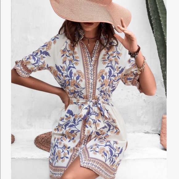 Boho Floral Print Puff Sleeves Tie Back Dress - Picture 7 of 8